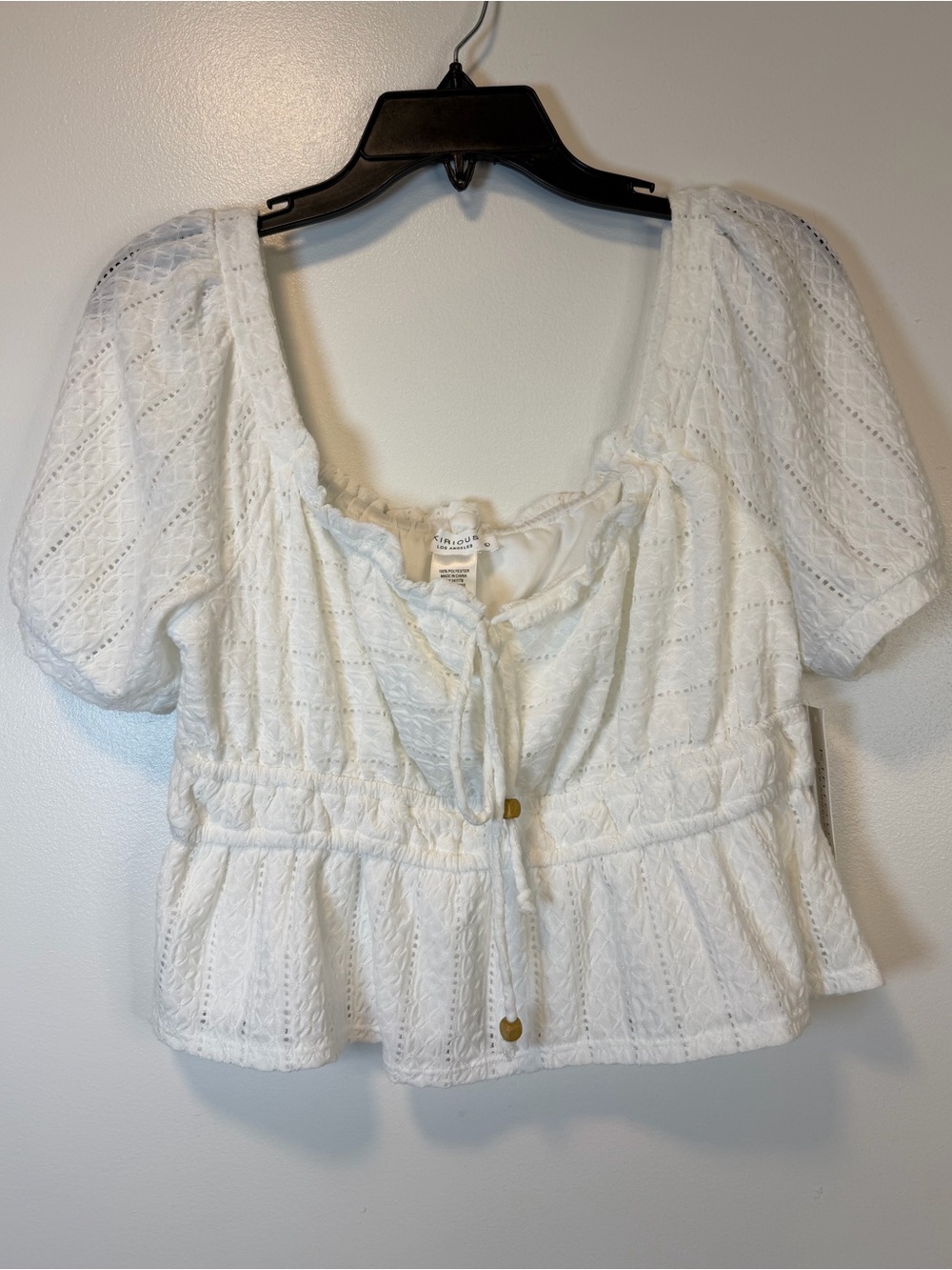 ⁠Kirious Eyelet Square Neck Blouse smocked elastic peplum waist Women’s Large